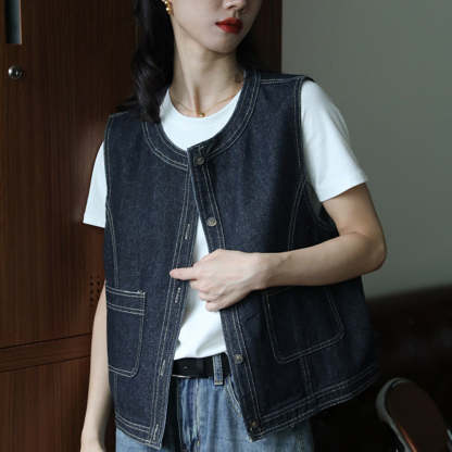 明線復古牛仔馬甲女春秋外套小個子百搭顯瘦短款寬鬆小坎肩外搭