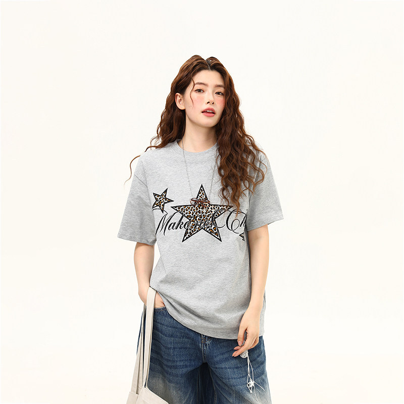 美式復古星星豹紋刺繡圓領短袖T恤女夏季寬鬆百搭tee