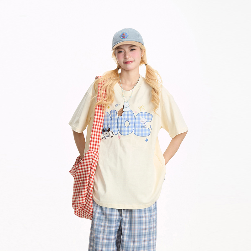 可愛小狗格子刺繡短袖T恤女美式潮牌甜酷寬鬆百搭休閒上衣