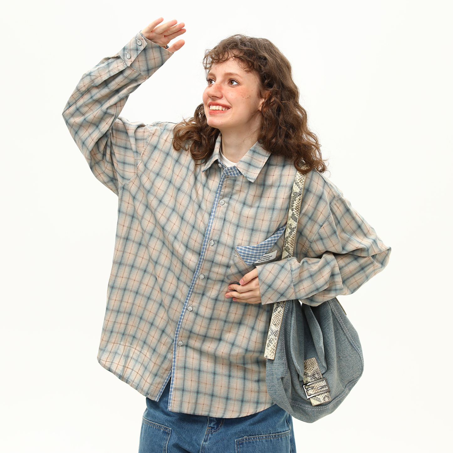 美式復古拼接格紋設計感長袖襯衫女秋季新款小眾潮牌襯衣