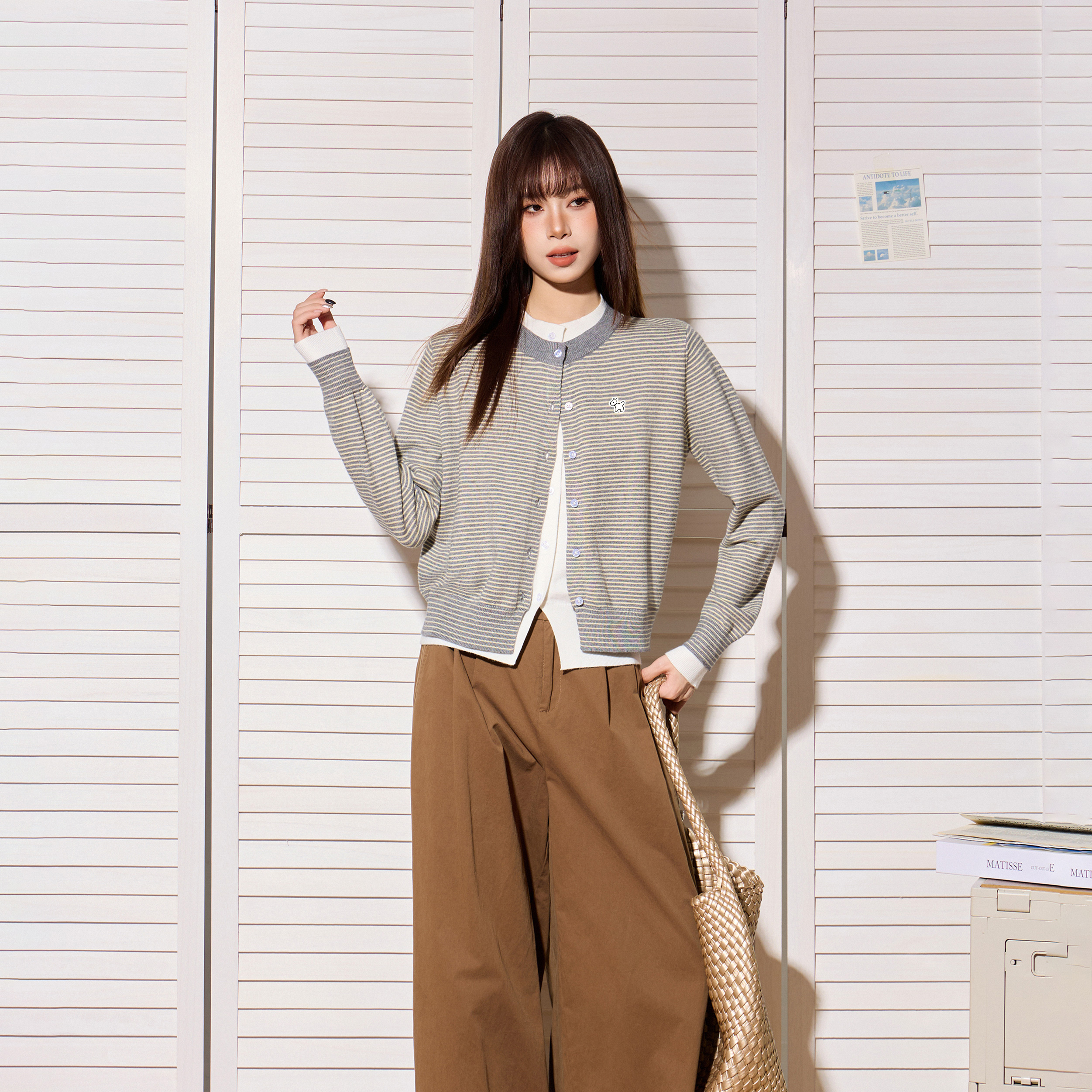 美式灰色條紋假兩件長袖針織開衫毛衣女秋冬短款內搭打底外套上衣