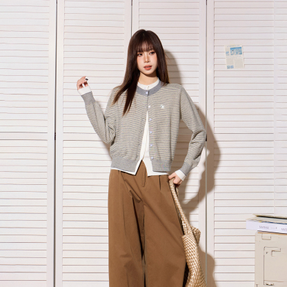 美式灰色條紋假兩件長袖針織開衫毛衣女秋冬短款內搭打底外套上衣