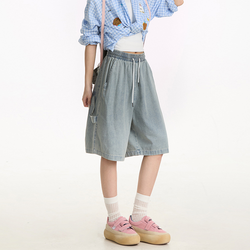 美式復古嘻哈工裝牛仔短褲女夏季寬鬆闊腿街頭中褲五分褲