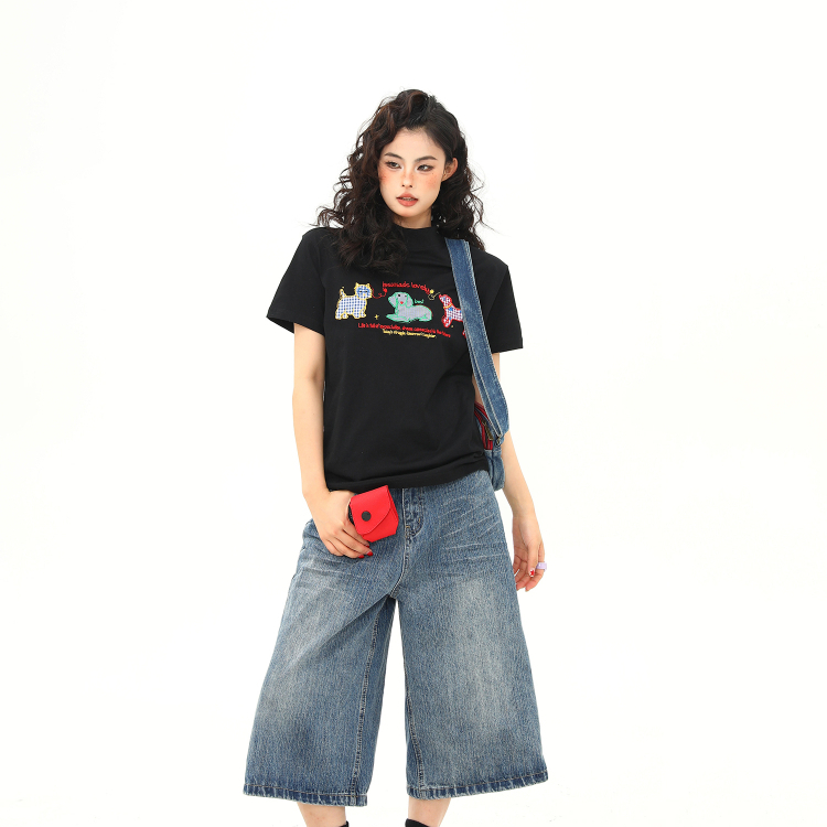 正肩T恤女小狗卡通刺繡復古微寬鬆短款顯瘦百搭短袖女