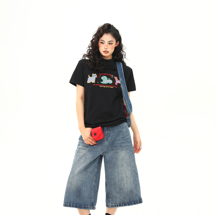 正肩T恤女小狗卡通刺繡復古微寬鬆短款顯瘦百搭短袖女