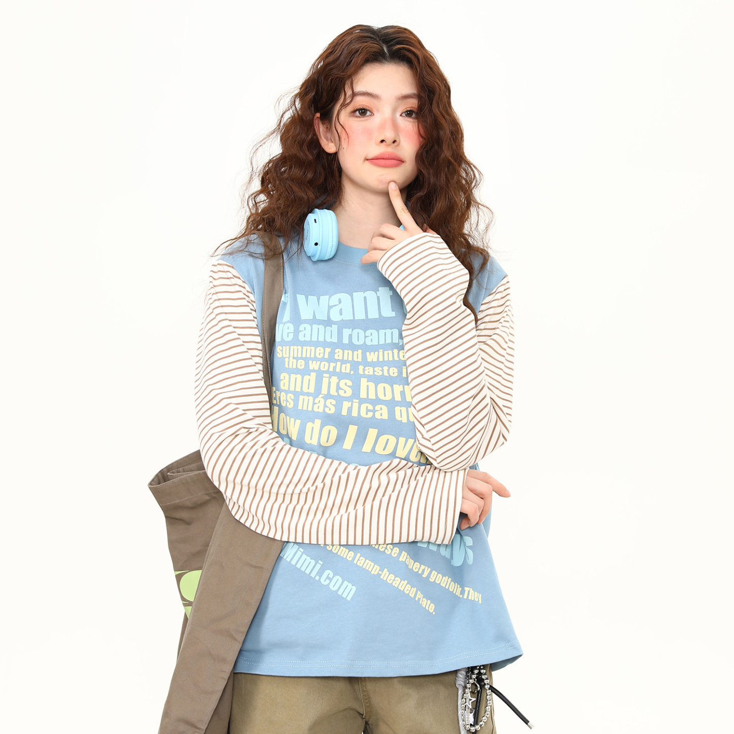 美式復古條紋拼接長袖T恤女春季新款寬鬆百搭上衣