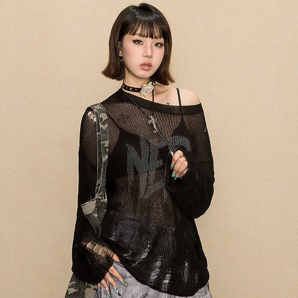 美式辣妹鏤空薄款破洞針織衫女早春新款設計感慵懶風毛衣罩衫