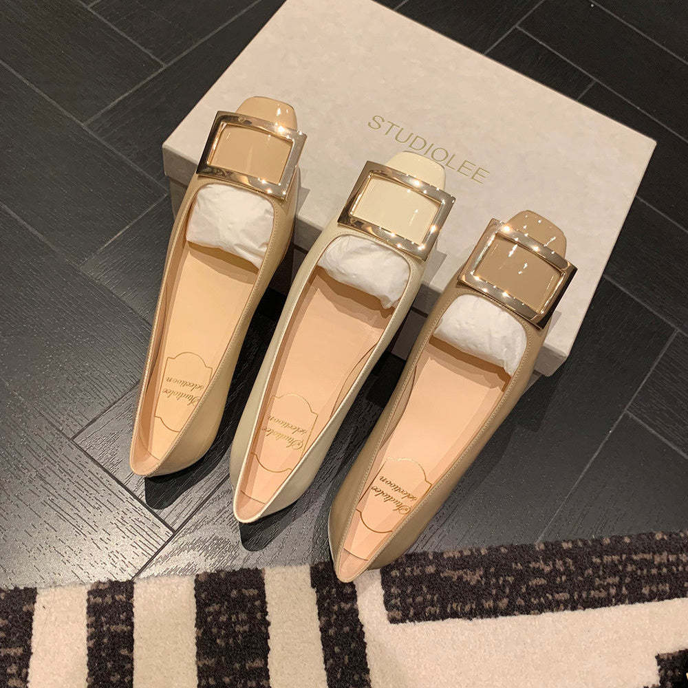 經典方扣小方頭淺口高跟鞋女夏粗跟平底通勤單鞋