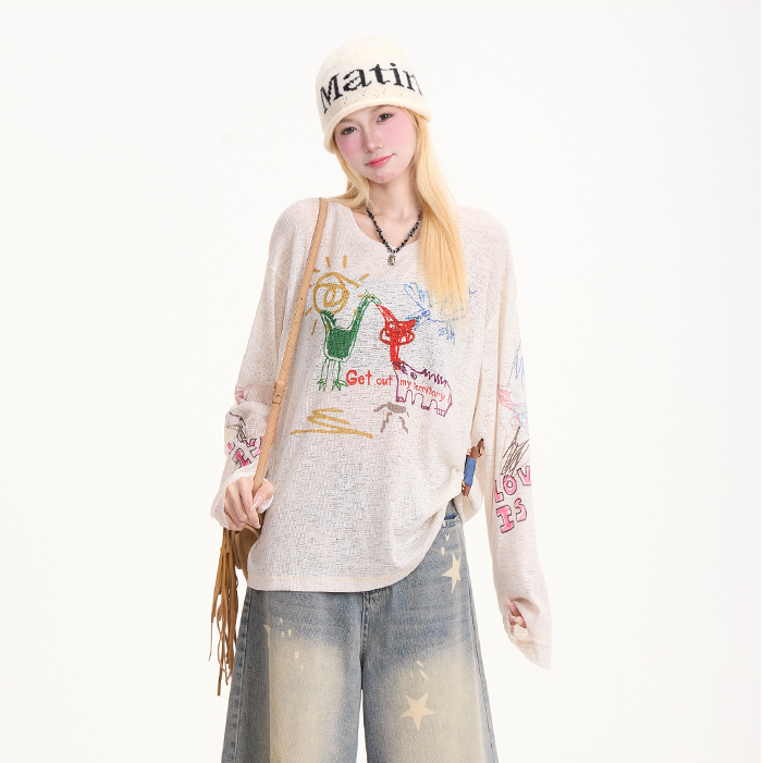 創意卡通塗鴉長袖T恤女美式潮牌寬鬆慵懶輕薄休閒防曬罩衫