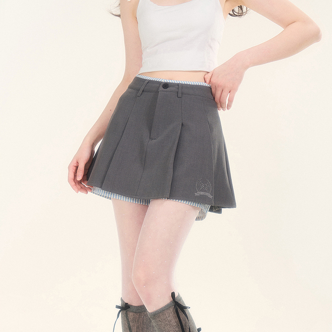學院風灰色格紋拼接半身裙女夏季高腰顯瘦加兩件百褶短裙