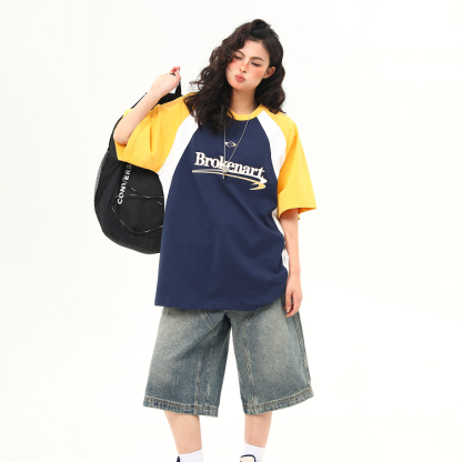 夏季新款美式復古插肩袖撞色短袖T恤女寬鬆百搭上衣