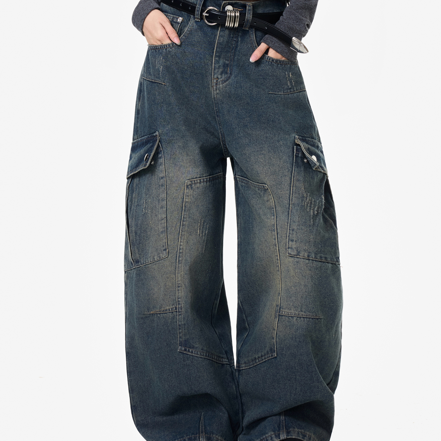 水洗解構拼接重磅牛仔褲女美式潮牌工裝直筒闊腿長褲子