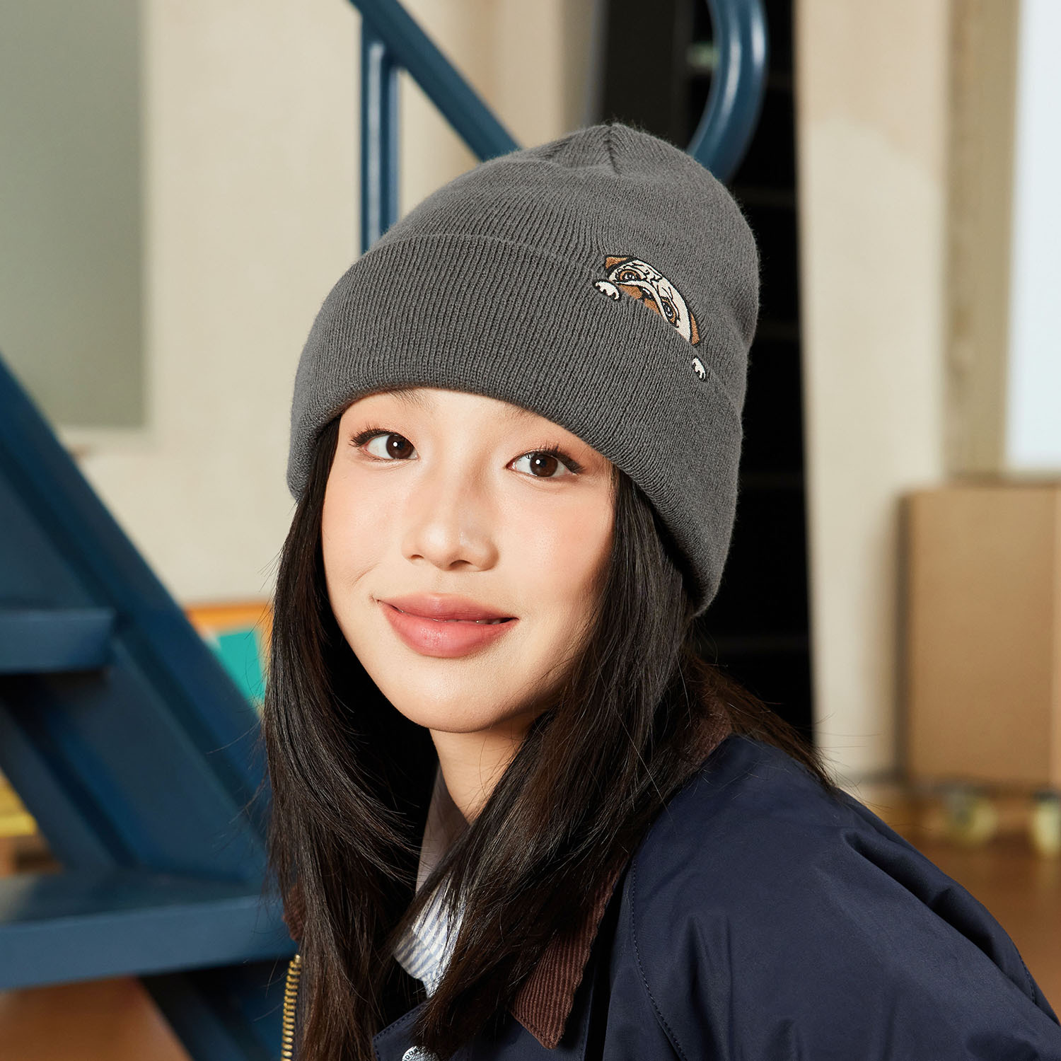 日系小狗刺繡毛線帽秋冬加厚帽子護耳針織帽男女冷帽