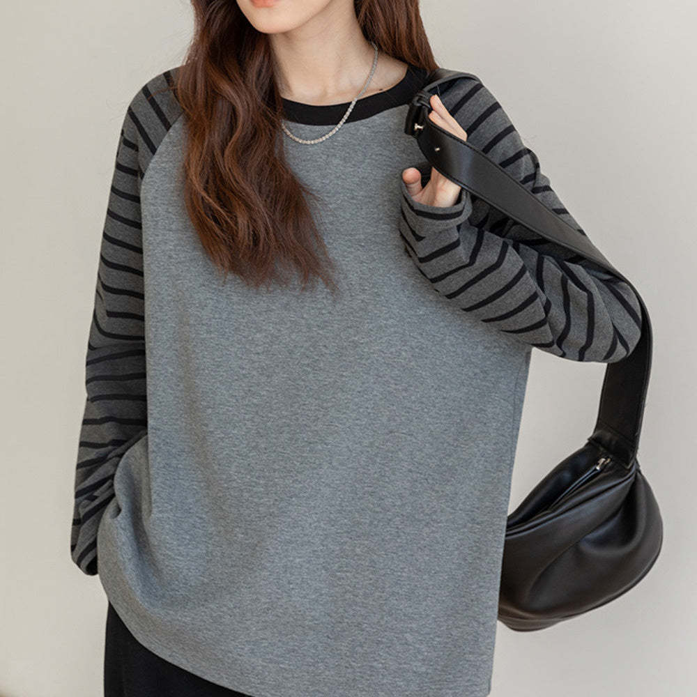 撞色條紋內搭長袖t恤女2025春季休閒打底衫上衣