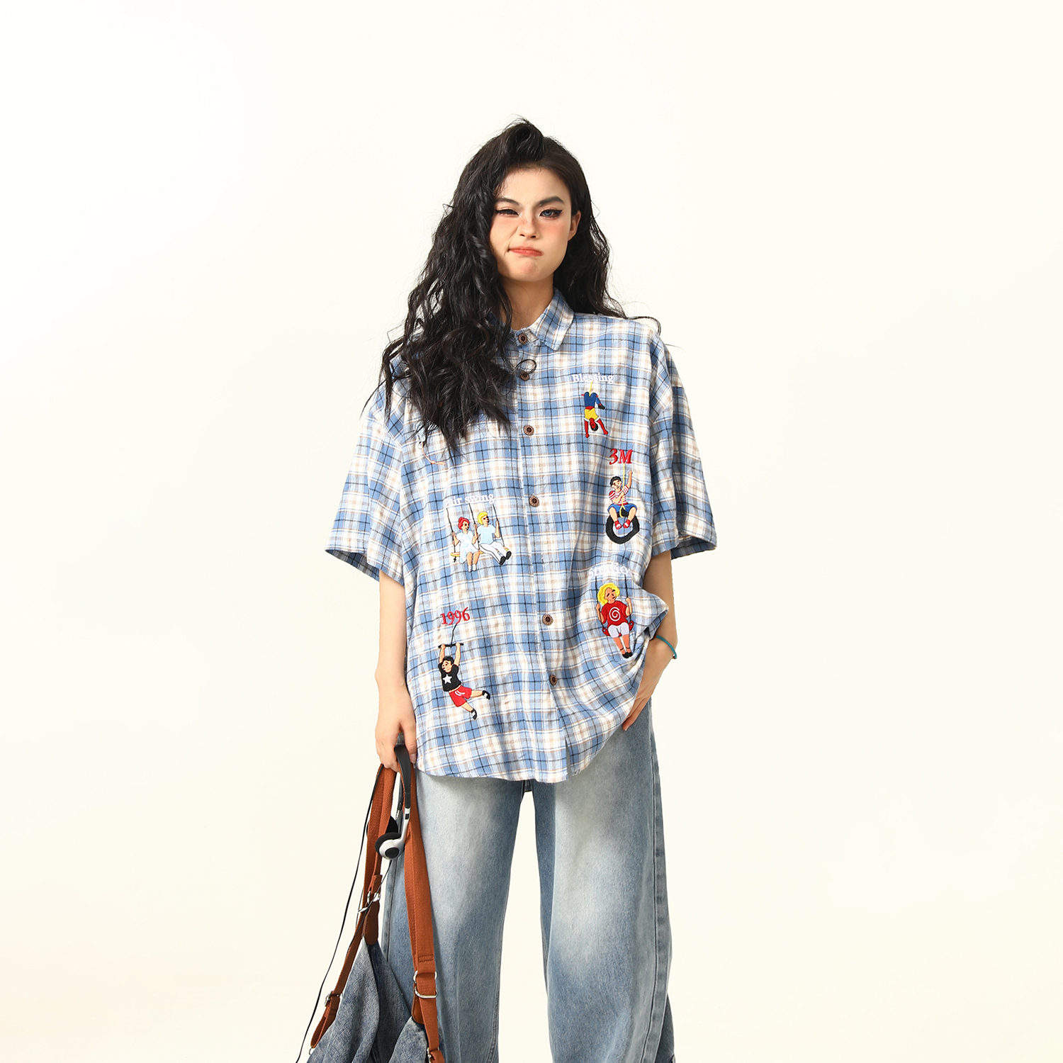 美式復古格子短袖襯衫女刺繡小眾設計感夏季百搭襯衣