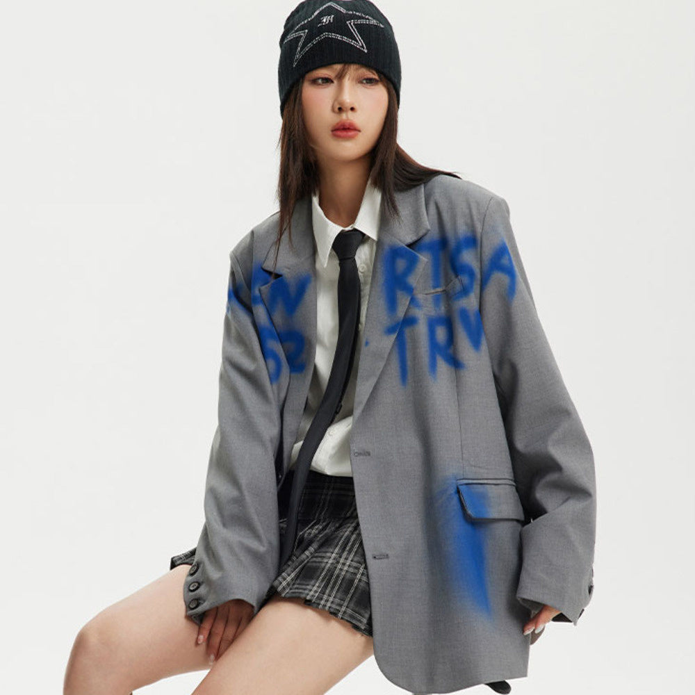 美式復古潮牌字母塗鴉西裝外套女設計感百搭學院風夾克