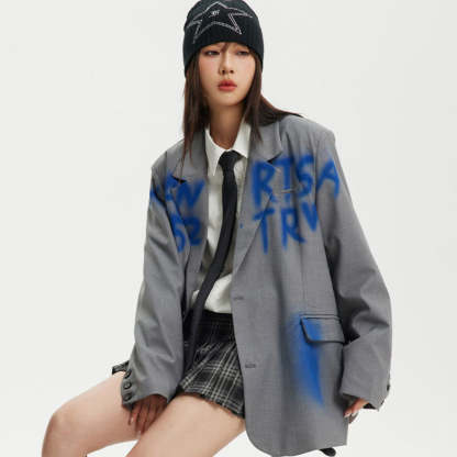 美式復古潮牌字母塗鴉西裝外套女設計感百搭學院風夾克