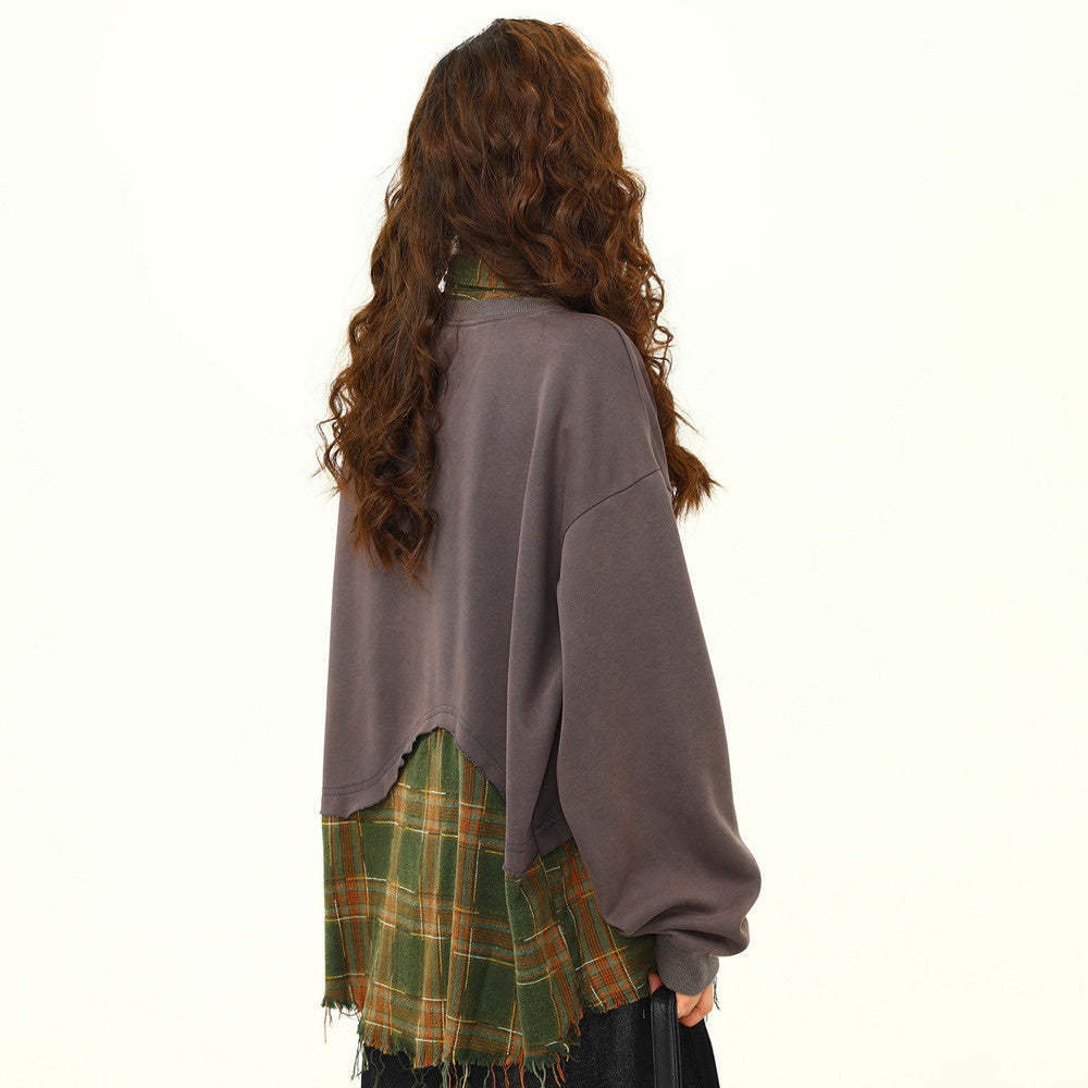 假兩件設計感做舊復古拼接衛衣女美式街頭嘻哈外套