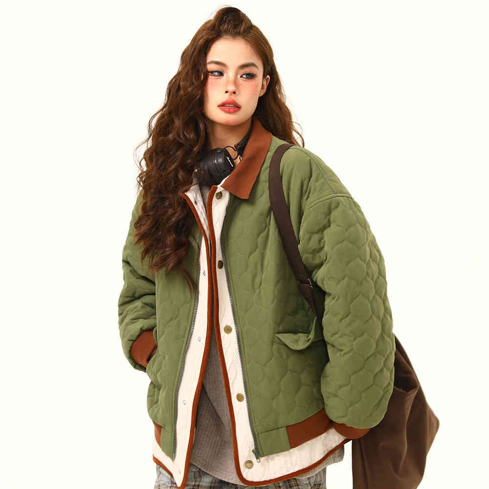 美式復古拼接夾棉棉服外套女冬季撞色氛圍感保暖棉衣