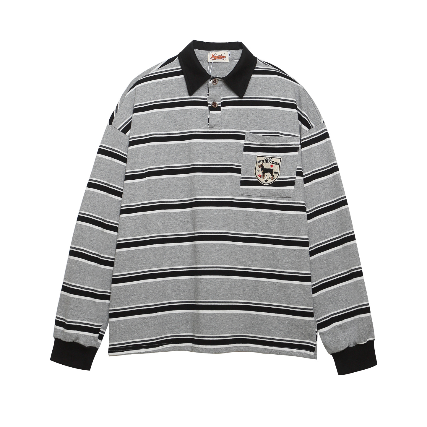 美式復古學院風條紋長袖T恤女秋季polo衫翻領寬鬆上衣