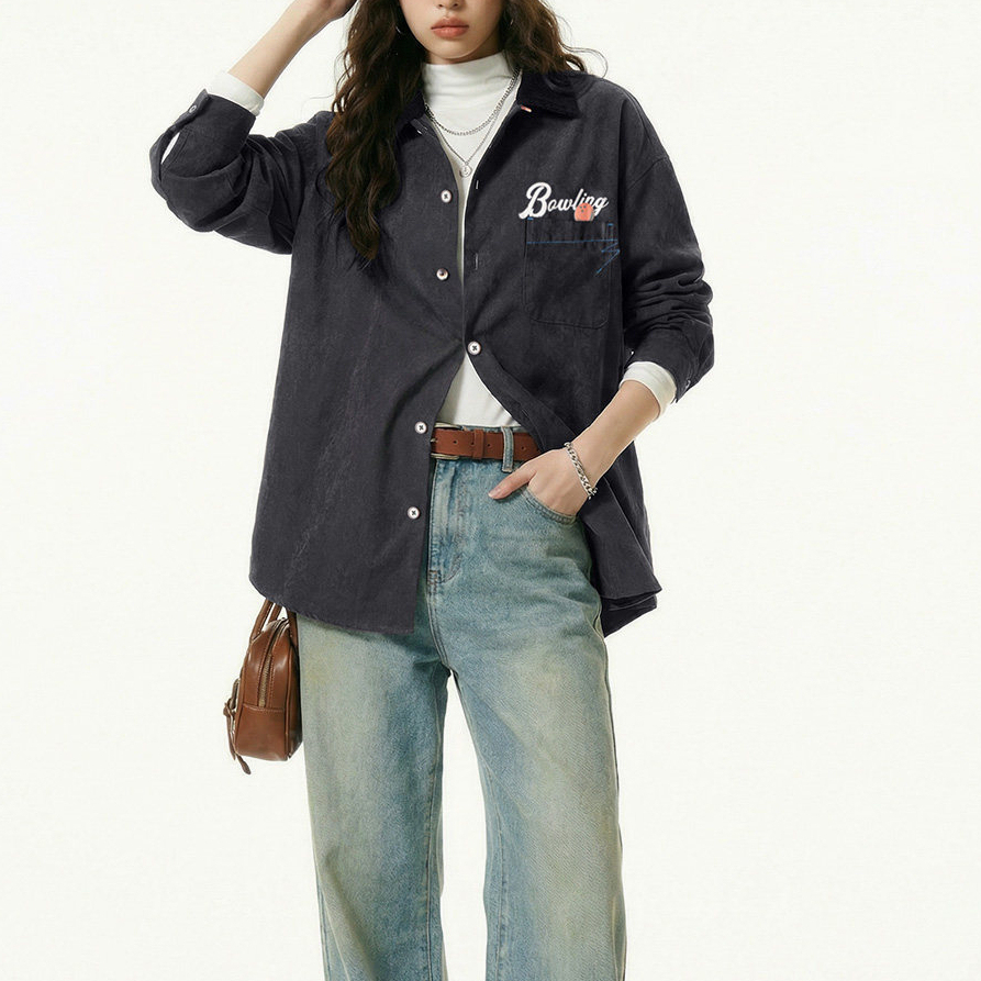 黑色復古桃皮絨古巴領襯衫印花外套長袖上襯衣內搭疊穿女士春