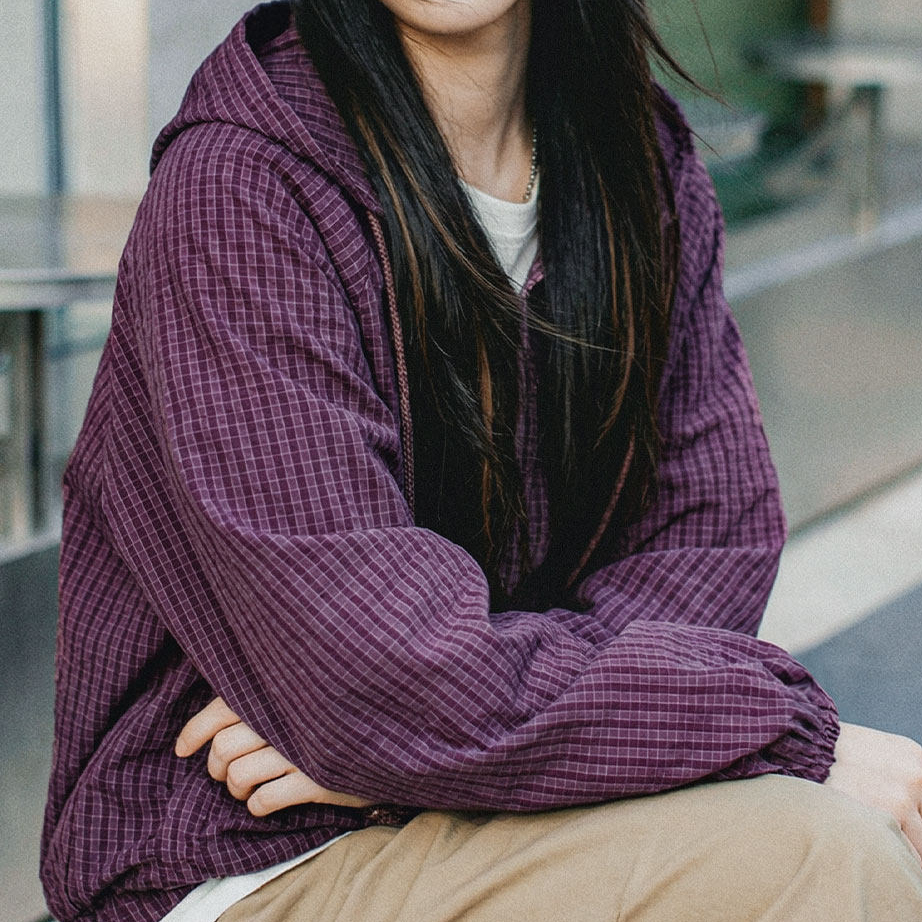 美式泡泡紗連帶帽半開襟工裝衛衣套頭衫寬鬆機能風上衣女士春