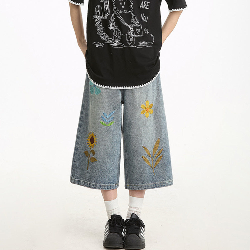 美式復古花卉刺繡高街小眾寬鬆直筒闊腿七分褲牛仔短褲女