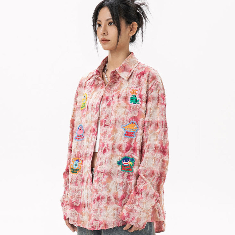 美式復古貼布刺繡卡通長袖襯衫女小香風磨毛上衣