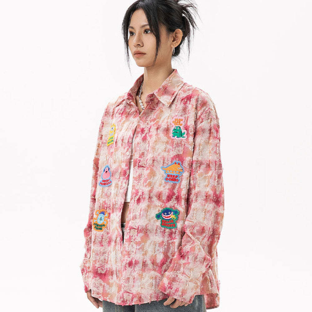 美式復古貼布刺繡卡通長袖襯衫女小香風磨毛上衣