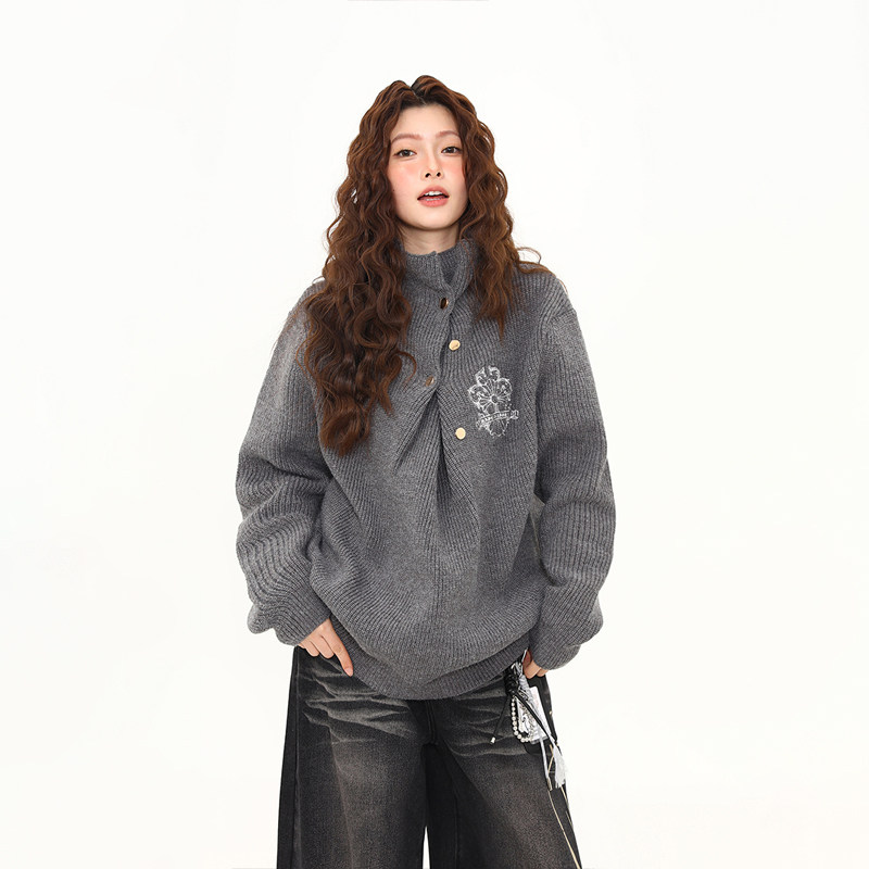 美式街頭不規則褶皺設計感高領毛衣女秋冬高智感針織衫