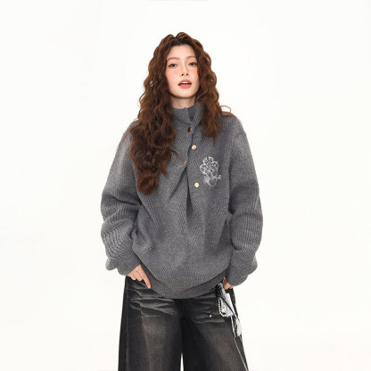 美式街頭不規則褶皺設計感高領毛衣女秋冬高智感針織衫