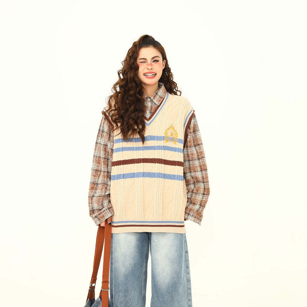 美式復古學院風假兩件毛衣女秋冬寬鬆格子針織衫上衣