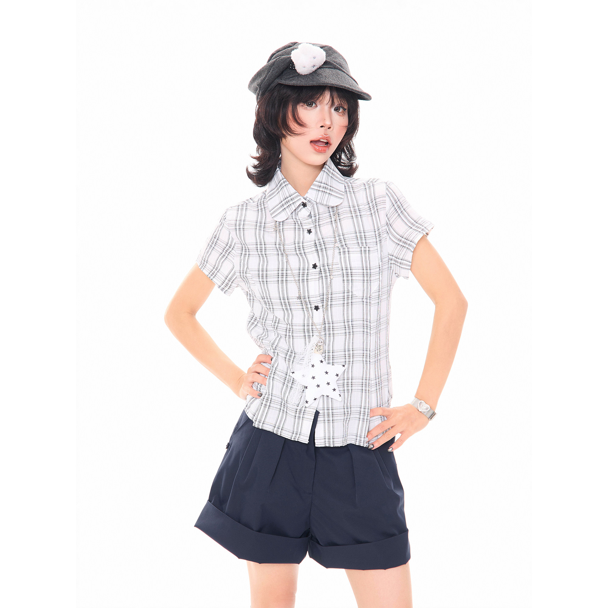 韓系少女星星掛飾格子正肩短袖襯衫女夏季小個子修身短款上衣