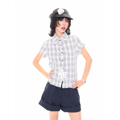 韓系少女星星掛飾格子正肩短袖襯衫女夏季小個子修身短款上衣