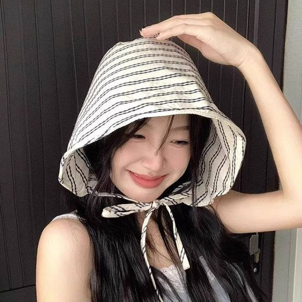 法式條紋漁夫帽女夏季新款小眾百搭大簷顯臉小水桶帽遮陽防曬帽子