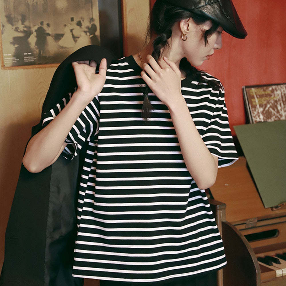 黑白經典條紋女短袖春夏寬鬆慵懶圓領純棉t恤上衣