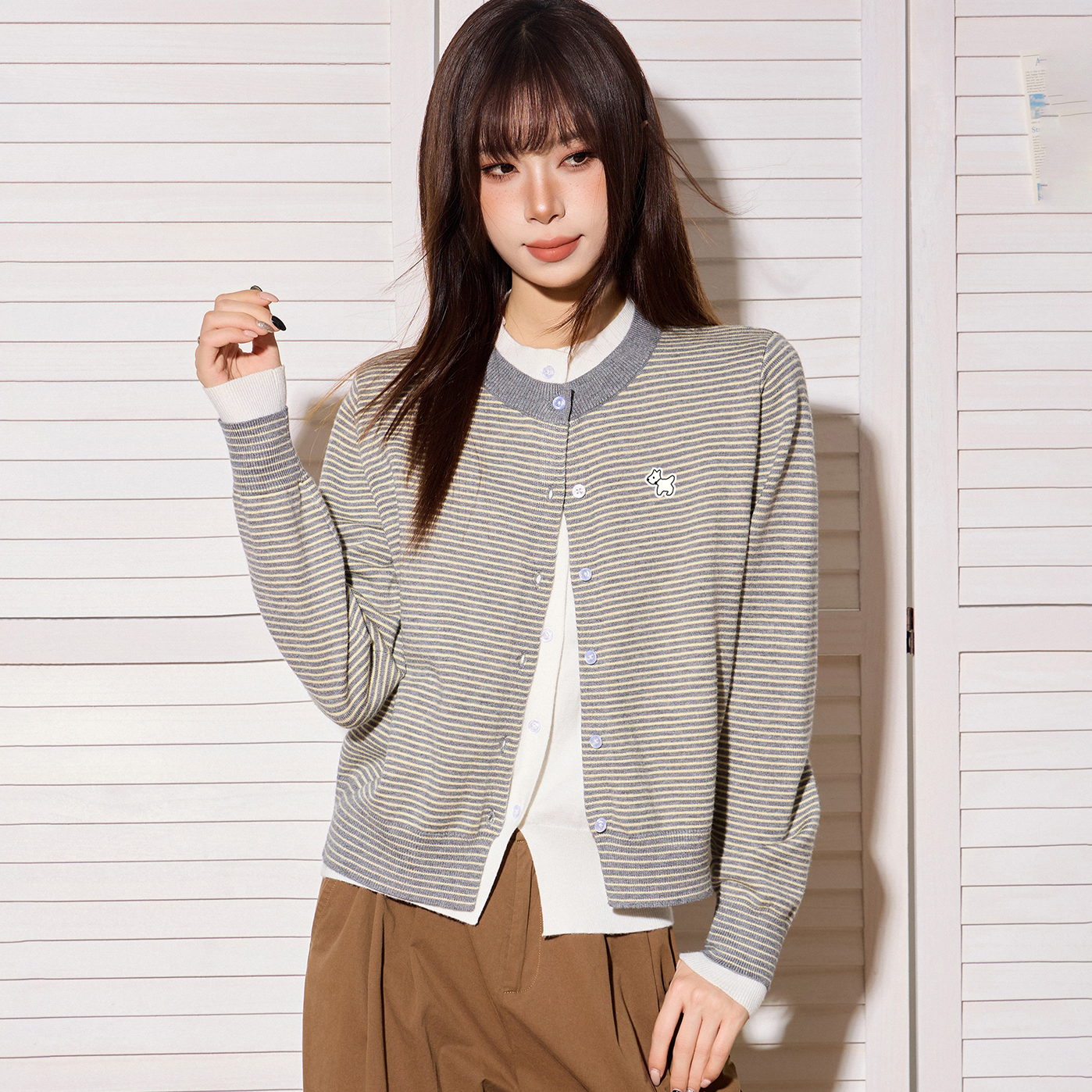 美式灰色條紋假兩件長袖針織開衫毛衣女秋冬短款內搭打底外套上衣