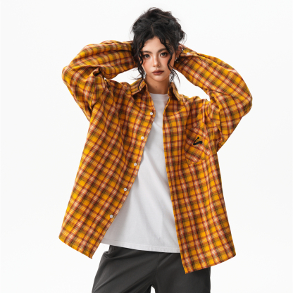 秋季多巴胺黃色格子襯衫女寬鬆休閒慵懶風百搭襯衣外套