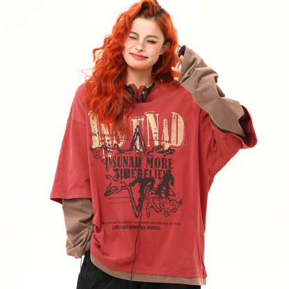 早秋新款美式復古印花假兩件圓領衛衣女百搭上衣