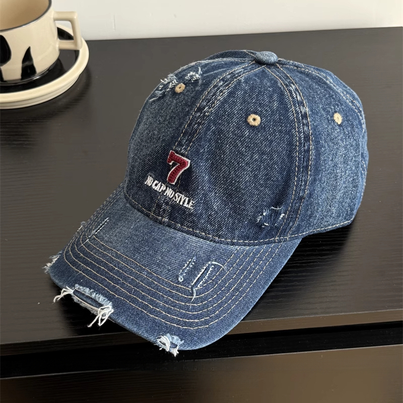 日系水洗牛仔數位7鴨舌帽帽子女顯臉小棒球帽夏