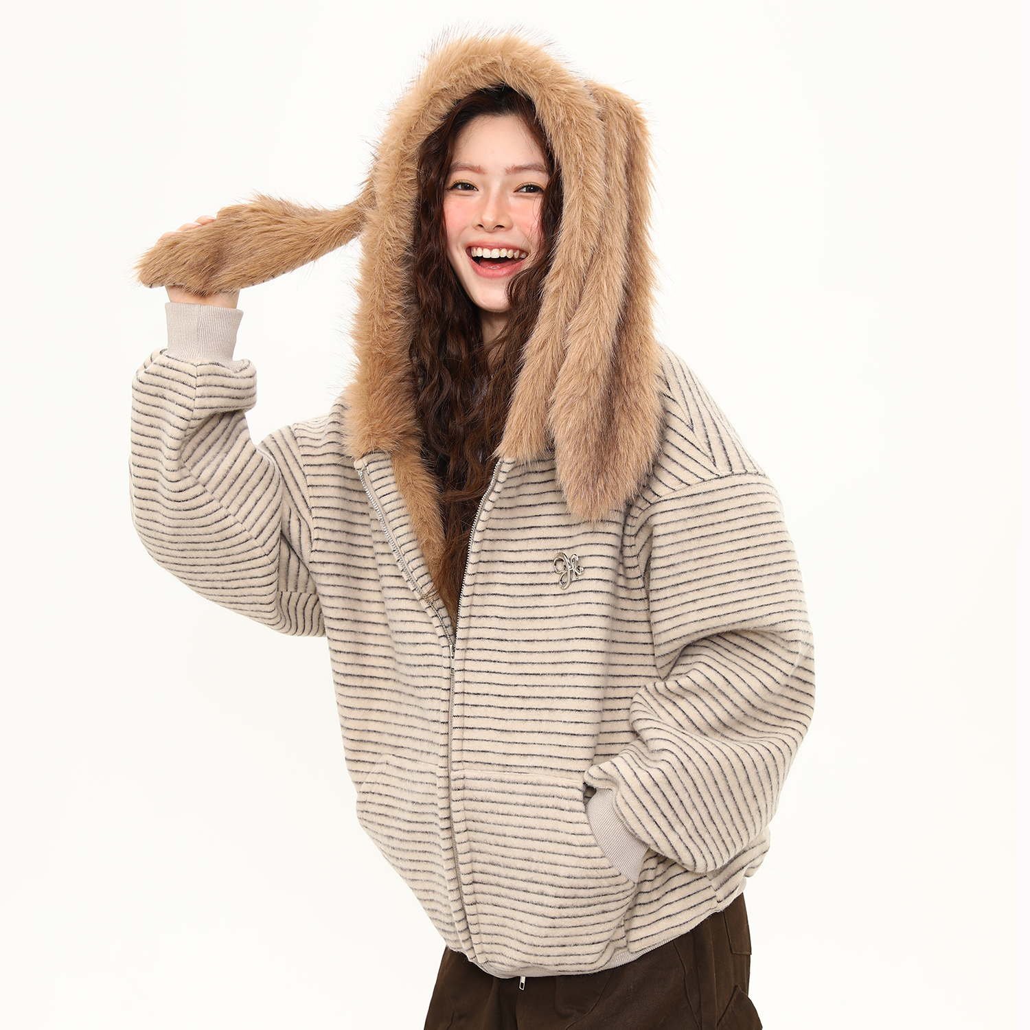 秋冬美式復古條紋兔耳加絨開衫衛衣女連帽情侶毛領厚外套