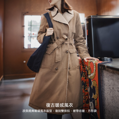 中長款雙排扣收腰戰壕風衣仿羊羔毛大衣棉服加厚外套女士秋冬