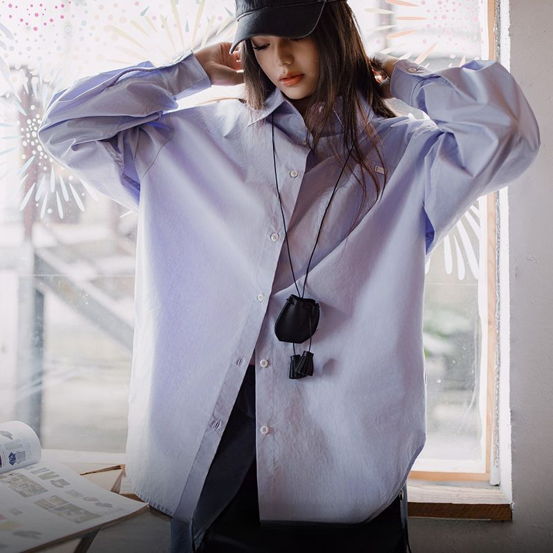 淺春系慵懶風oversize襯衫褶皺袖口度假風外套多巴胺上衣春女