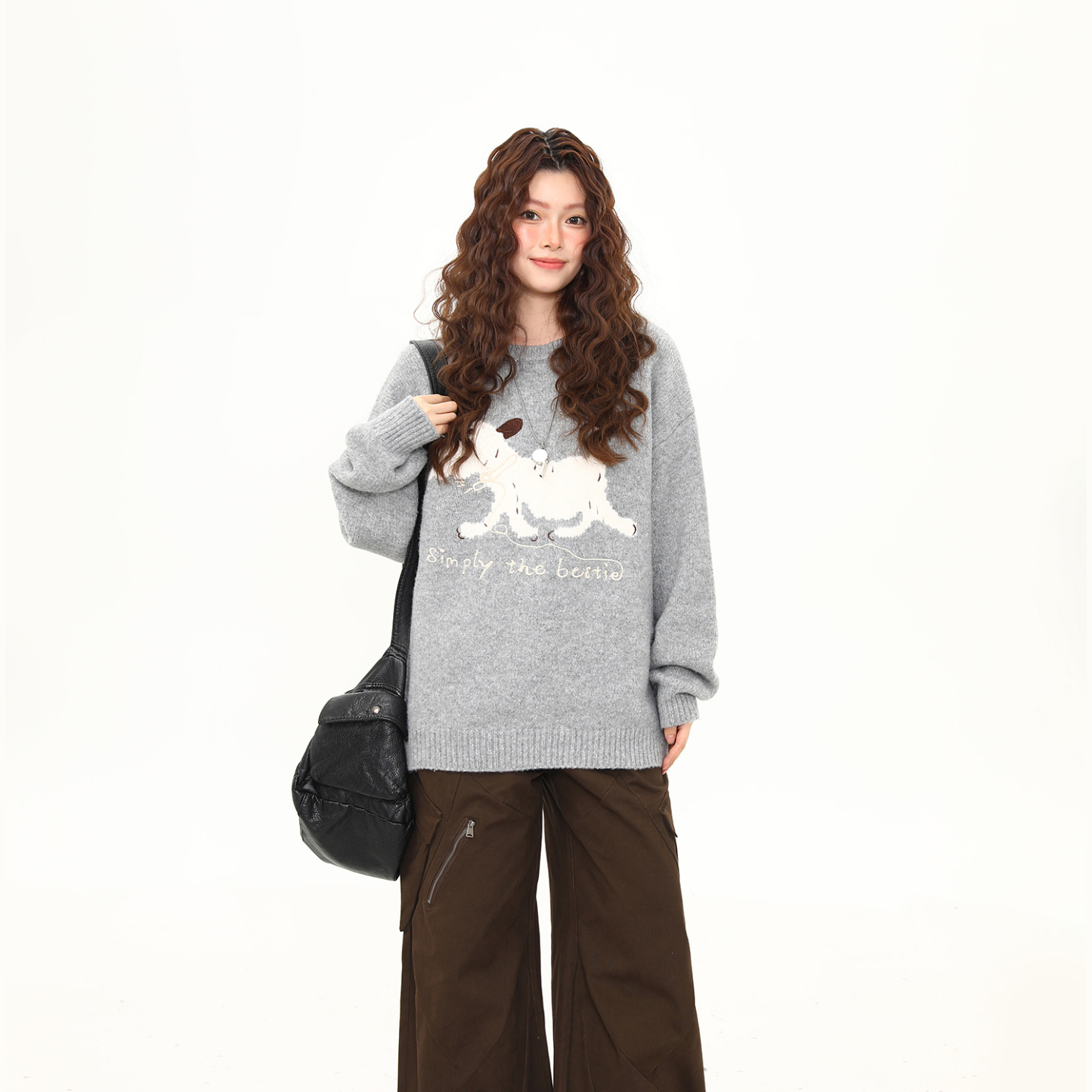 小狗刺繡圓領軟糯毛衣女秋冬慵懶風寬鬆復古針織衫上衣