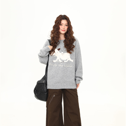 小狗刺繡圓領軟糯毛衣女秋冬慵懶風寬鬆復古針織衫上衣