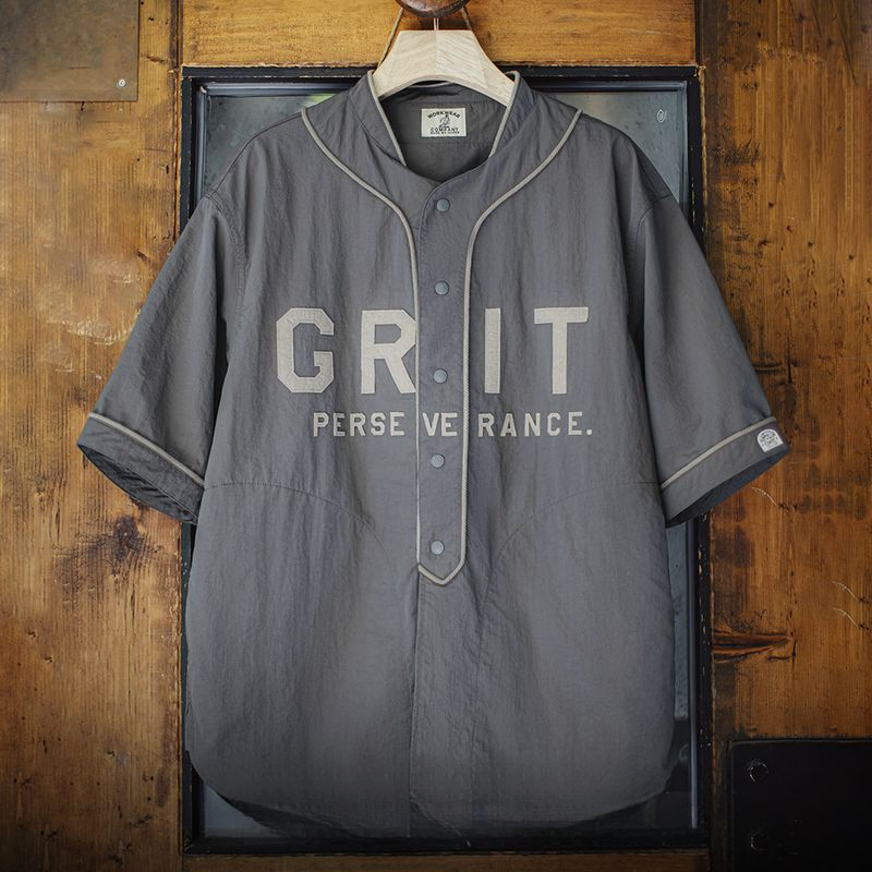 夏日美式休閒oversize棒球服半開襟襯衫日系灰色薄款襯衣女