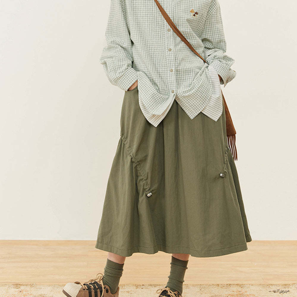 夏季新款設計感錯位抽繩半身裙復古顯瘦A字裙