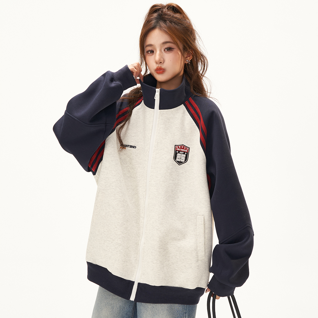 美式復古衛衣外套女秋冬季高級感拼接插肩袖衛衣開衫