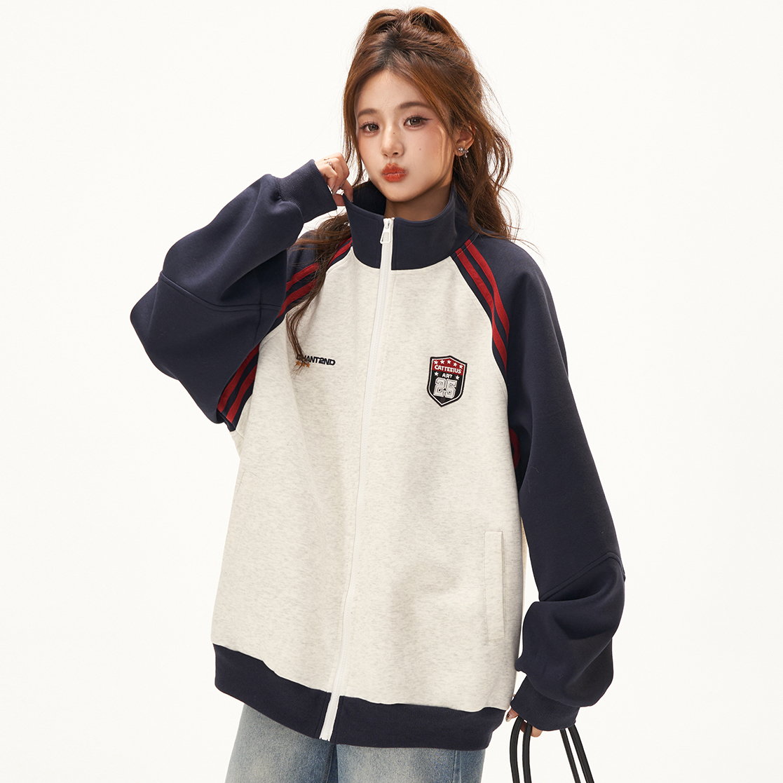 美式復古衛衣外套女秋冬季高級感拼接插肩袖衛衣開衫