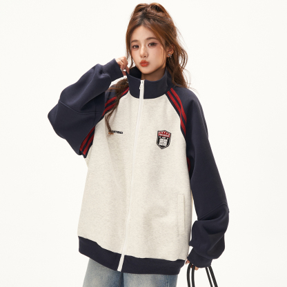 美式復古衛衣外套女秋冬季高級感拼接插肩袖衛衣開衫